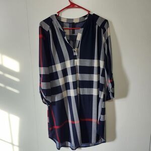 Yahata Women’s Plaid Tunic Dress Blue Red White Button Cuff V-Neck Size L